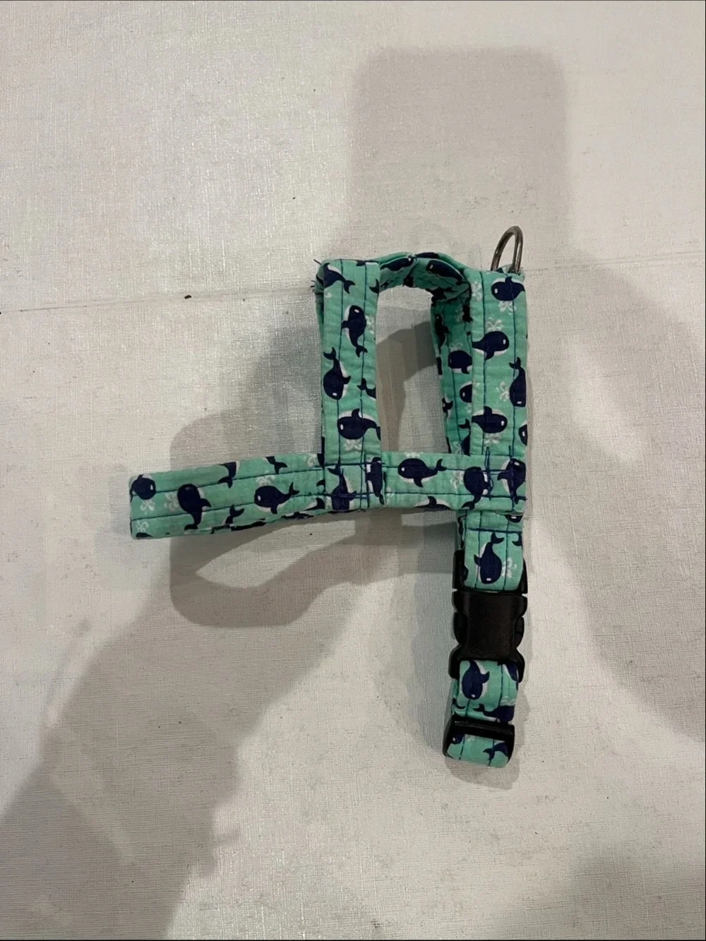 Handmade mint and navy blue Whale Print Adjustable Harness. Size Small